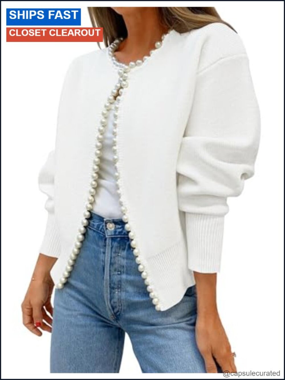 Pearl Trim Open Front Cardigan Sweater Long Sleeve Knit Coat